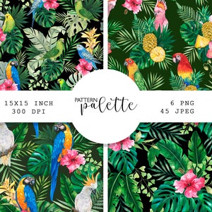 Aquarell tropische Papageien Muster, nahtloses Muster tropische Blätter, Monstera Palmenblätter, tropische Blumen, exotische Vögel Muster PNG