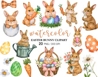 Easter Bunny Nursery Wall Art Printable, Watercolor Rabbit Clipart, Easter eggs, Basket with bunny, PNG Carrots