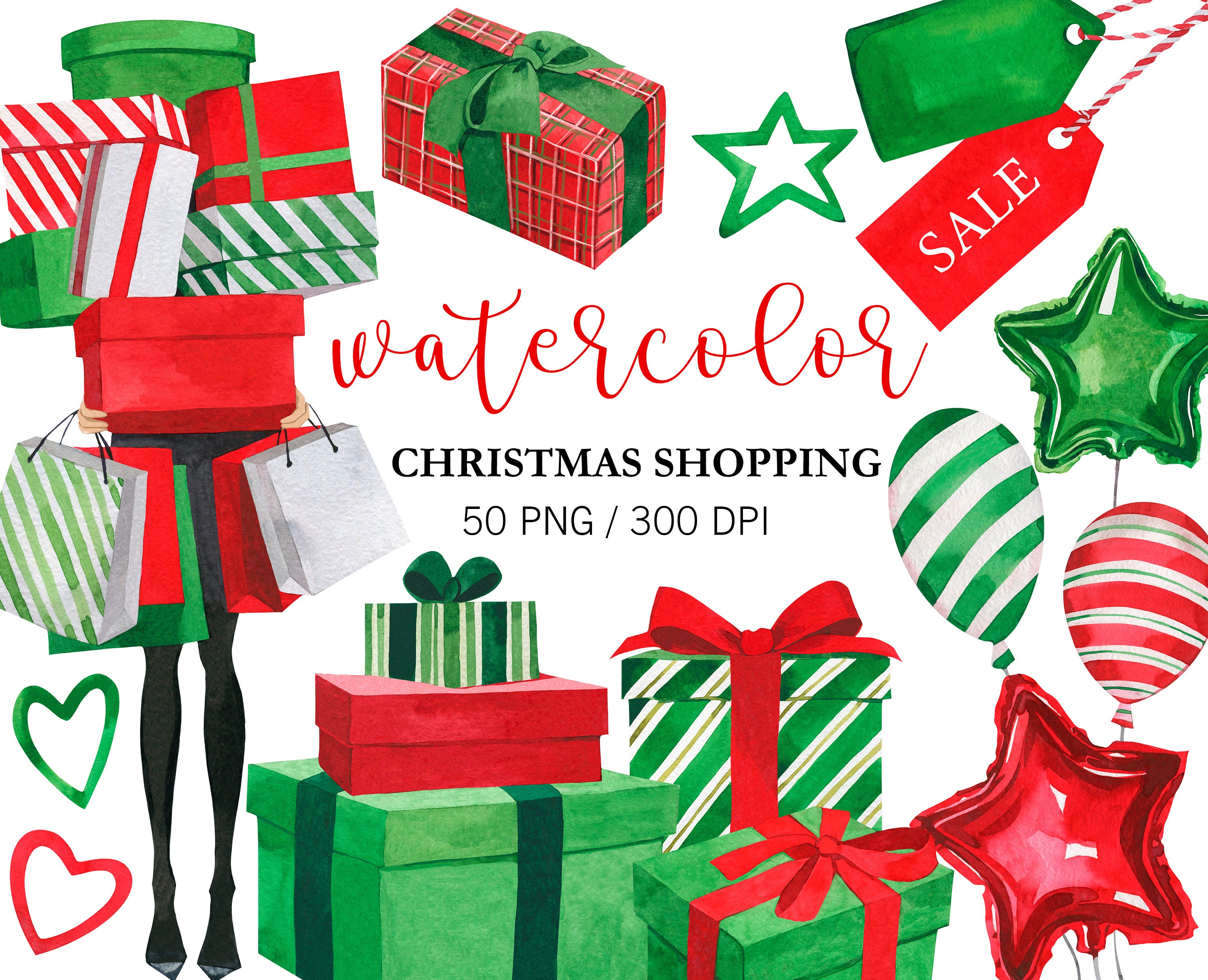 Watercolor Christmas Shopping Clipart Shopping Girl - Etsy