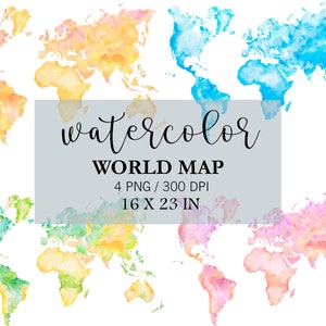 Watercolor World Map, Travel Map Clipart, World Map Printable, World Map Poster, 4 PNG, Blue, Pink, Yellow, Green Map, Wall Art, Poster Map