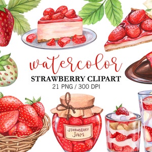 Aquarelle peinte à la main fraise Clipart, fraise PNG, fruits d'été baies avec feuilles et fleurs clipart, confiture de fruits, gâteau aux fraises