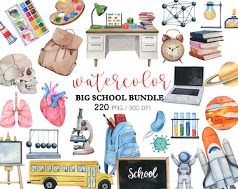 Watercolor School BIG BUNDLE Clipart, Back to School PNG, Teacher Clipart, School Supplies, First Day of School, Science, Astrology, Math