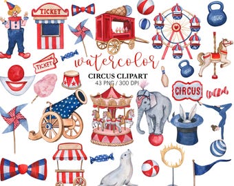 Watercolor Circus Clipart: Carnival Animals, Tent, Carousel PNG, Nursery Decor, Watercolor Hand Painted circus, festival Ferris wheel