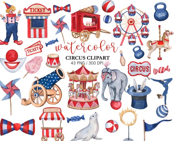 Watercolor Circus Clipart: Carnival Animals, Tent, Carousel PNG, Nursery Decor, Watercolor Hand Painted circus, festival Ferris wheel