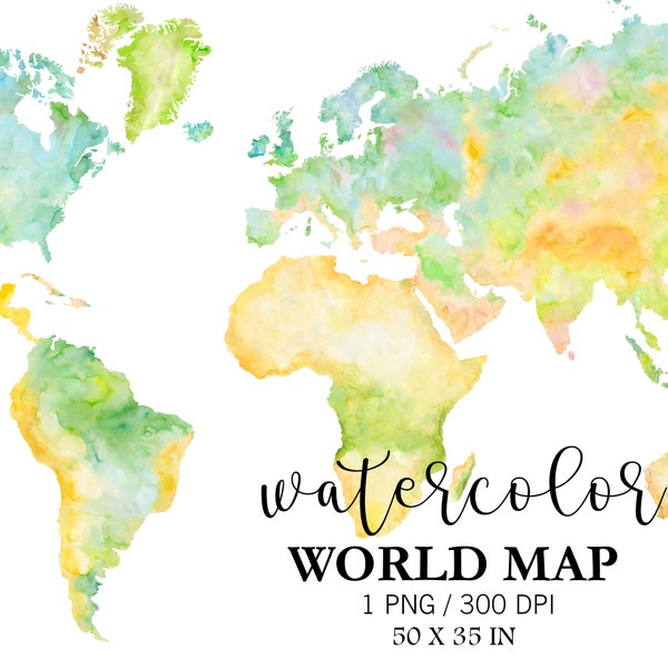 Watercolor World Map, Travel Map Clipart, World Map Printable, World Map Poster, PNG, World Map Wall art, Printable Wall Nursery Decor