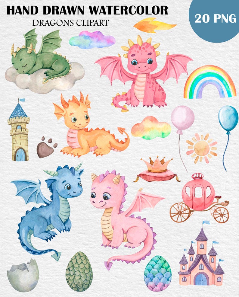 Watercolor Baby Dragon Clipart PNG, Nursery Decor Fantasy Illustrations ...