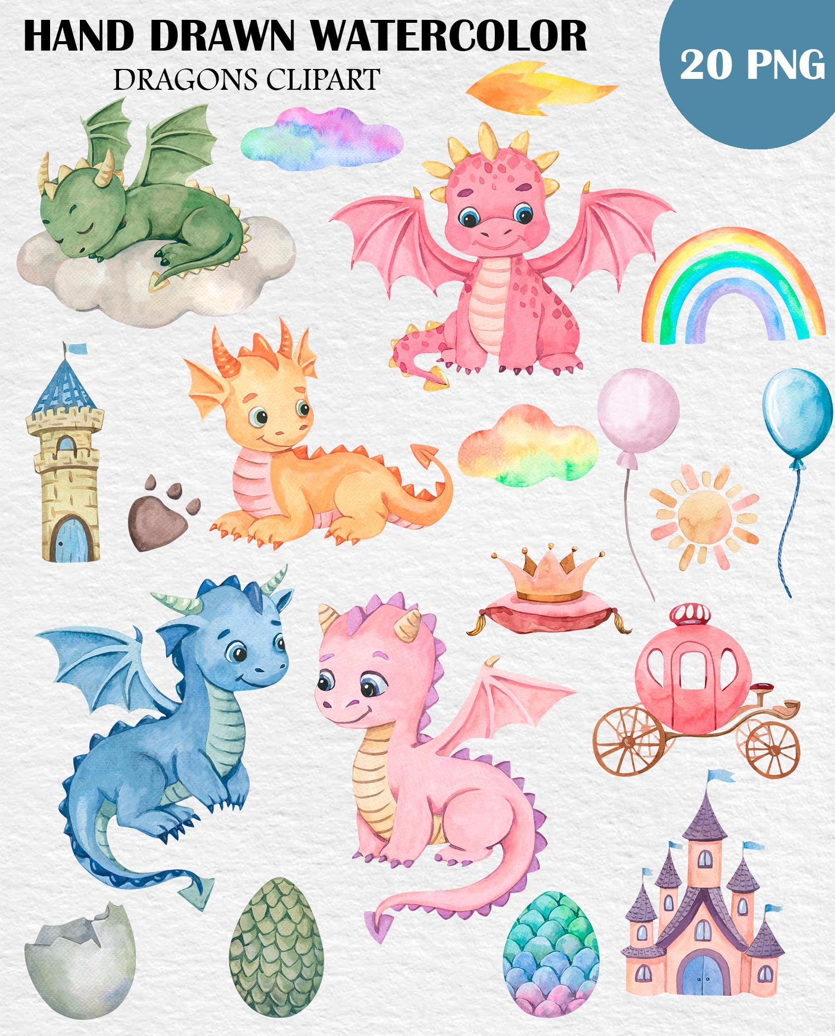 Watercolor Baby Dragon Clipart PNG, Nursery Decor Fantasy Illustrations ...