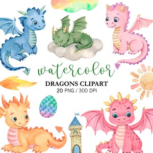 水彩画風ベビードラゴンのクリップアートPNG、保育園の装飾ファンタジーイラスト、ドラゴンの誕生日パーティー、おとぎ話風デザインドラゴンベビーシャワー