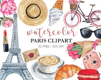Watercolor Paris Clipart, Eiffel tower, Travel Clipart, France, Love PNG, vintage, Valentines Day Clipart, romantic, french style, bike
