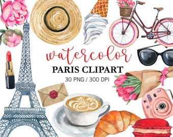 Watercolor Paris Clipart, Eiffel tower, Travel Clipart, France, Love PNG, vintage, Valentines Day Clipart, romantic, french style, bike