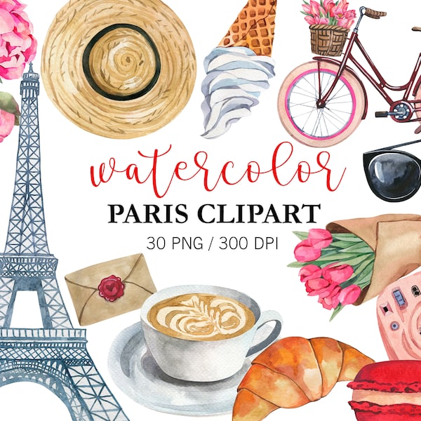 Watercolor Paris Clipart, Eiffel tower, Travel Clipart, France, Love PNG, vintage, Valentines Day Clipart, romantic, french style, bike