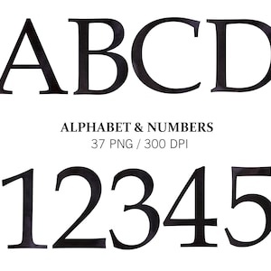 Clipart alfabeto nero acquerello, PNG alfabeto, lettere nere separate, numeri, decorazioni natalizie, clipart di Capodanno, decorazioni per matrimoni, PNG