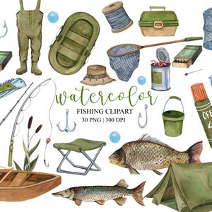 Watercolor Fishing Clipart, Fathers Day Clipart, PNG, Summer Clipart, Travel Clipart, Camping clipart, Fishing Items Download, image 1