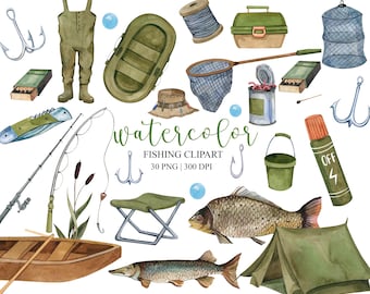 Watercolor Fishing Clipart, Fathers Day Clipart, PNG, Summer Clipart, Travel Clipart, Camping clipart, Fishing Items Download,