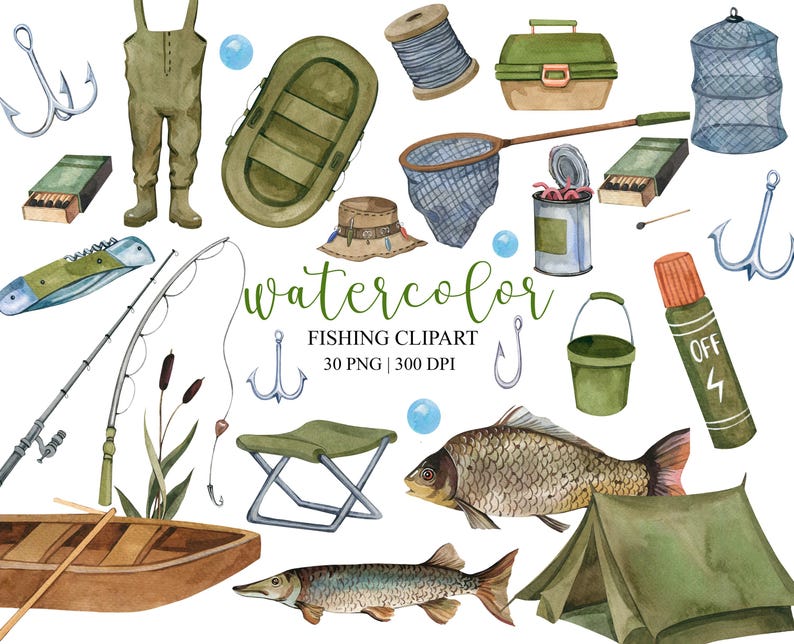 Watercolor Fishing Clipart, Fathers Day Clipart, PNG, Summer Clipart, Travel Clipart, Camping clipart, Fishing Items Download, image 1