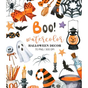 Watercolor Halloween Clipart,  PNG, Fall Clipart, Halloween Party Decor, Trick Or Treat, Horror Clipart, Halloween sweets, Spooky Clipart