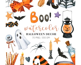 Watercolor Halloween Clipart,  PNG, Fall Clipart, Halloween Party Decor, Trick Or Treat, Horror Clipart, Halloween sweets, Spooky Clipart