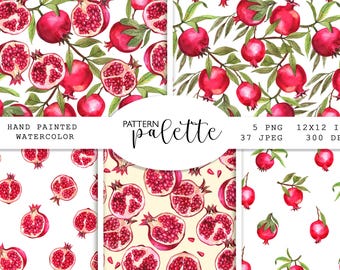 Watercolor Pomegranate Seamless Pattern, Red Pomegranate Digital Paper, Pomegranate Kitchen Fabric Design, Summer Fruit Background