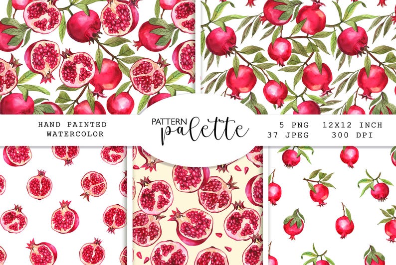 Watercolor Pomegranate Seamless Pattern, Red Pomegranate Digital Paper, Pomegranate Kitchen Fabric Design, Summer Fruit Background image 1