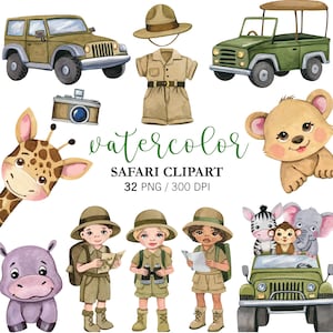 Watercolor Safari Clipart PNG Watercolor Safari Animals Nursery Decor, Safari Kids, Jeeps African Adventure, African Animals Safari Birthday
