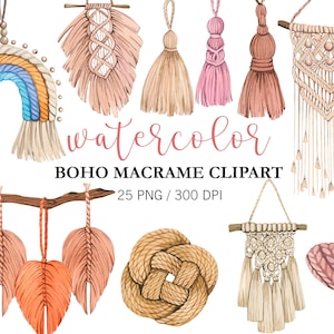 Akwarela Makrama Clipart, Boho clipart, PNG, Tęczowa makrama, Wzory makramy, Nowoczesny wystrój domu, Ściana z liści makramy, Boho Clipart