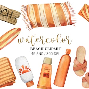K&ouml;nnte beinhalten: Aquarell-Strand-Clipart-Set mit einem Schild mit der Aufschrift "Beach", einem gestreiften Handtuch, einem Surfbrett, einem Paar Sandalen, einer Flasche Sonnencreme, einer Tube Sonnencreme, einer Stranddecke und einem Drachen.