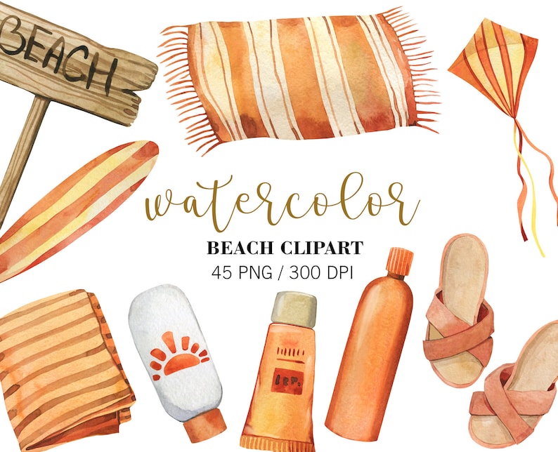 K&ouml;nnte beinhalten: Aquarell-Strand-Clipart-Set mit einem Schild mit der Aufschrift "Beach", einem gestreiften Handtuch, einem Surfbrett, einem Paar Sandalen, einer Flasche Sonnencreme, einer Tube Sonnencreme, einer Stranddecke und einem Drachen.