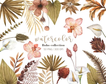 Watercolor Boho Floral Clipart, Dried palm leaf clipart, Boho wedding, PNG, Boho tropical flowers, Wedding Floral Clipart