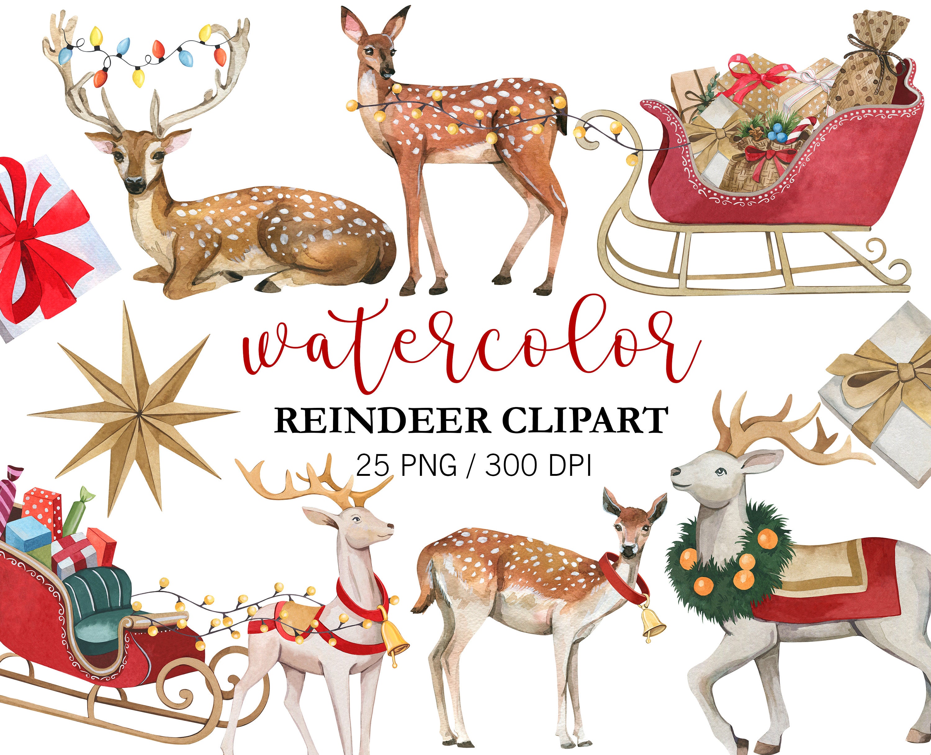 Watercolor Reindeer Clipart: Christmas PNG Graphics (digital Download ...