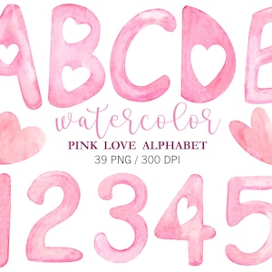 Clipart de alfabeto rosa aquarela, alfabeto PNG, letras separadas de aquarela rosa, números, amor PNG, clipart de dia dos namorados, pintado à mão