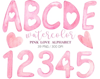Può includere: Lettere dell'alfabeto A-E e numeri da 1 a 5 in rosa acquerello con cuori. Alfabeto d'amore rosa acquerello 39 PNG / 300 DPI