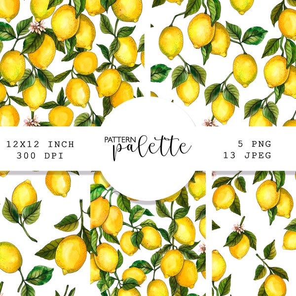 Watercolor Yellow Lemons, Textile seamless pattern, Lemons clipart, Summer clipart, Textile print Lemons, Watercolor painting lemons, PNG