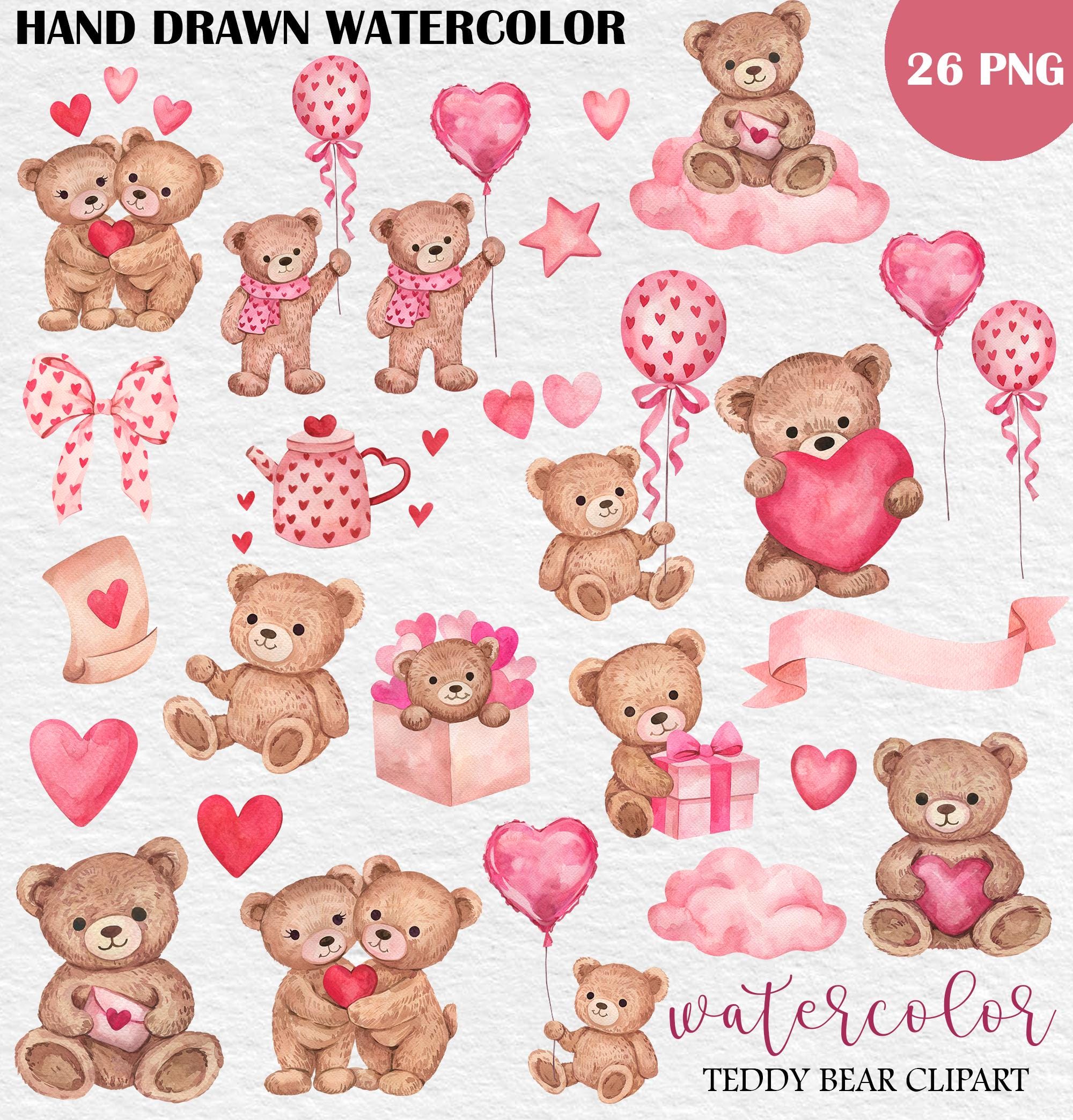 Watercolor Valentines Teddy Bear Clipart PNG, Valentines Day Clipart ...