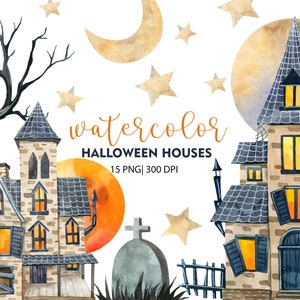 Watercolor Halloween House, Halloween Clipart, Haunted House, Happy Halloween party decor, PNG, Fall Clipart, Holidays Clip Art