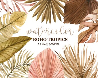 Boho Tropics PNG Clipart Watercolor, Boho wedding Designs, Dried palm leaf clipart,  tropical Plants, Fall Clipart Beige & Brown