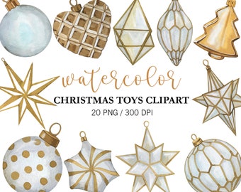 Imágenes prediseñadas de juguetes para árbol de Navidad, bolas de Navidad, decoración dorada, adornos de invierno, imágenes prediseñadas de decoración navideña, elementos navideños en acuarela, PNG