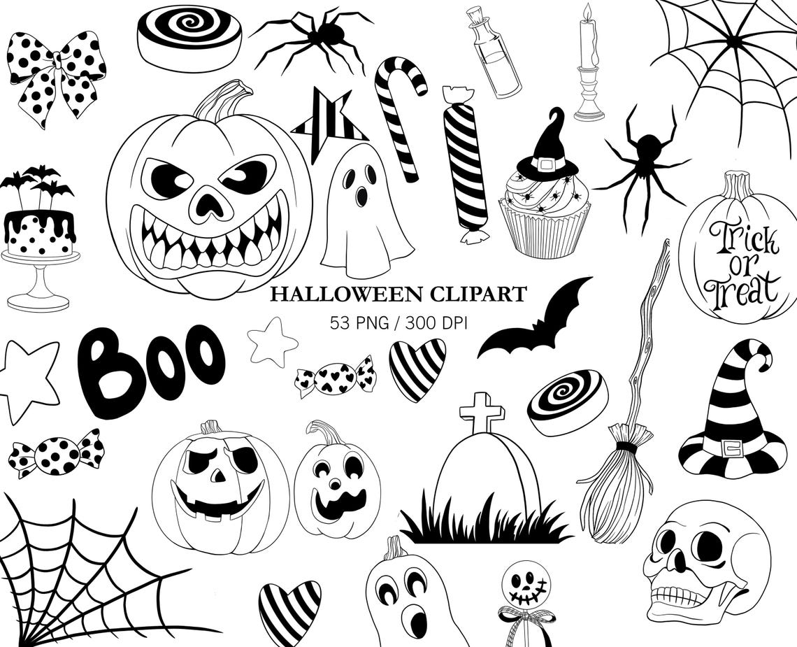 Black Line Halloween Clipart, Line Drawing, Doodle Clipart, Fall ...