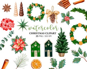 Décorations de Noël aquarelle vertes (PNG) : sapin de Noël, ornements de Noël, décorations du Nouvel An, style nordique scandinave doré.
