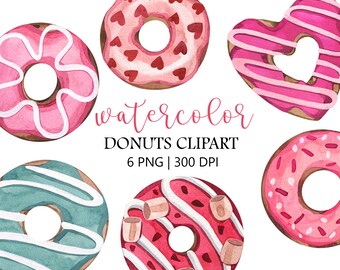 Watercolor Donut Clipart, Bakery clip art, Birthday party clipart, Valentines Day PNG,  Donut Watercolor, Bakery Food, Donut party,