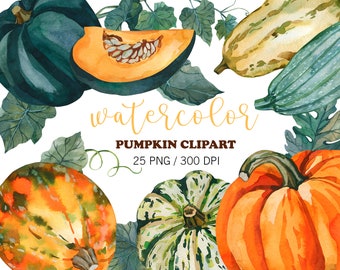 Watercolor Pumpkin Clipart, Fall Clipart, Pumpkin PNG, Halloween Clipart, Thanksgiving Decor Clipart, Autumn Pumpkins, Wedding Graphics