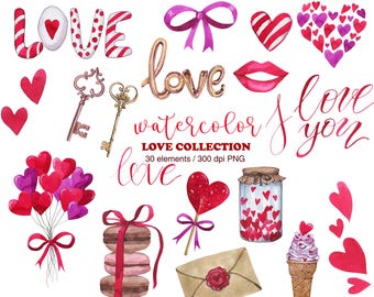 Cute love clipart, Watercolor Valentines Day Clipart, Valentine ClipArt, Hand Painted Heart Watercolor, Heart clipart, Wedding clipart, PNG