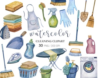 Watercolor cleaning clipart PNG Housekeeping & Laundry Illustration, Cleaning Supplies PNG, Home Chores Clipart, Hand Painted Watercolor