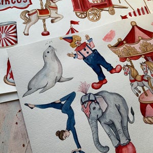 May include: Watercolor illustrations of a circus theme. The illustrations include a carousel, a clown, a seal, a gymnast balancing on a ball, an elephant, and a red and white striped tent.
