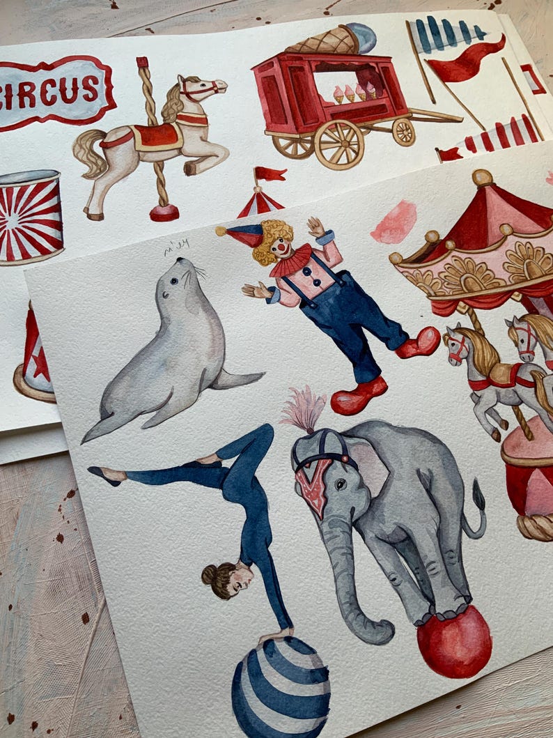 May include: Watercolor illustrations of a circus theme. The illustrations include a carousel, a clown, a seal, a gymnast balancing on a ball, an elephant, and a red and white striped tent.