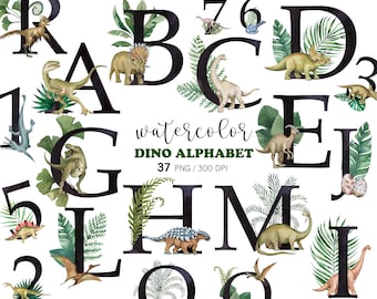 Dinosaur Alphabet PNG Bundle, 37 Watercolor Dino Letters Numbers Clipart, Kids Name PNG, Jungle Dino ABC, Birthday Invitation