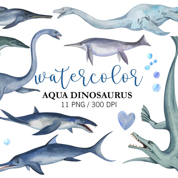 Watercolor Sea Ocean Dinosaurus Clipart, Aqua Dinosaur PNG, Nursery Decor, Prehistoric, Dinosaur Birthday Party Decor, Dinosaur stickers