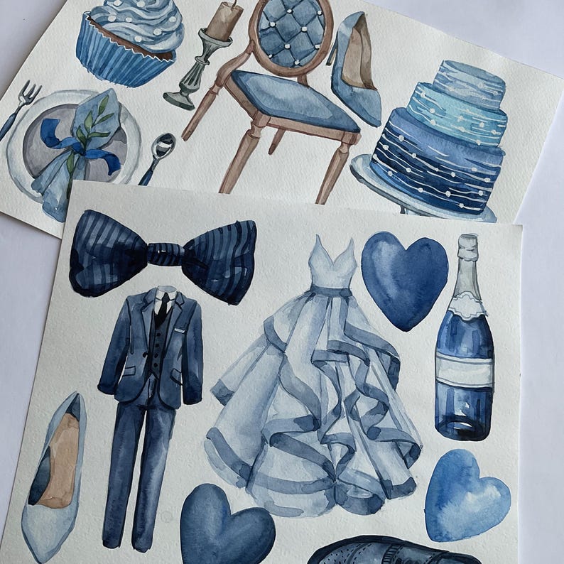 May include: Watercolor painting featuring a variety of blue and white illustrations. The painting includes a wedding dress, a tuxedo, a bow tie, a champagne bottle, a cake, a chair, a cupcake, and hearts.