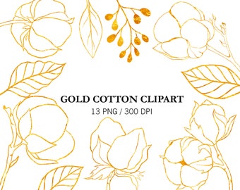 Imágenes prediseñadas de algodón dorado, algodón en arte lineal, PNG, hojas doradas, planta de algodón, ramas de algodón, decoración de bodas, imágenes prediseñadas de línea dorada, contorno dorado