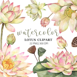 Clipart di loto ad acquerello, ninfee, fiori di loto, foglie verdi di loto, download digitale floreale, PNG, grafica yoga, inviti floreali