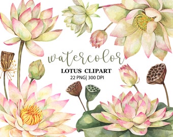 Clipart de loto en acuarela, nenúfares, flor de loto, hojas verdes de loto, descarga digital floral, PNG, gráficos de yoga, invitaciones florales